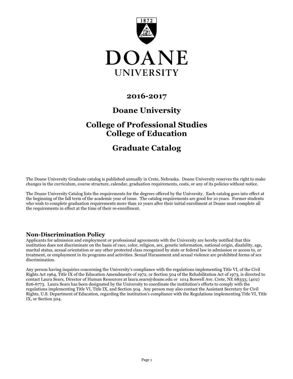 2016-2017 Doane University College of Professional Studies College of Education Graduate Catalog