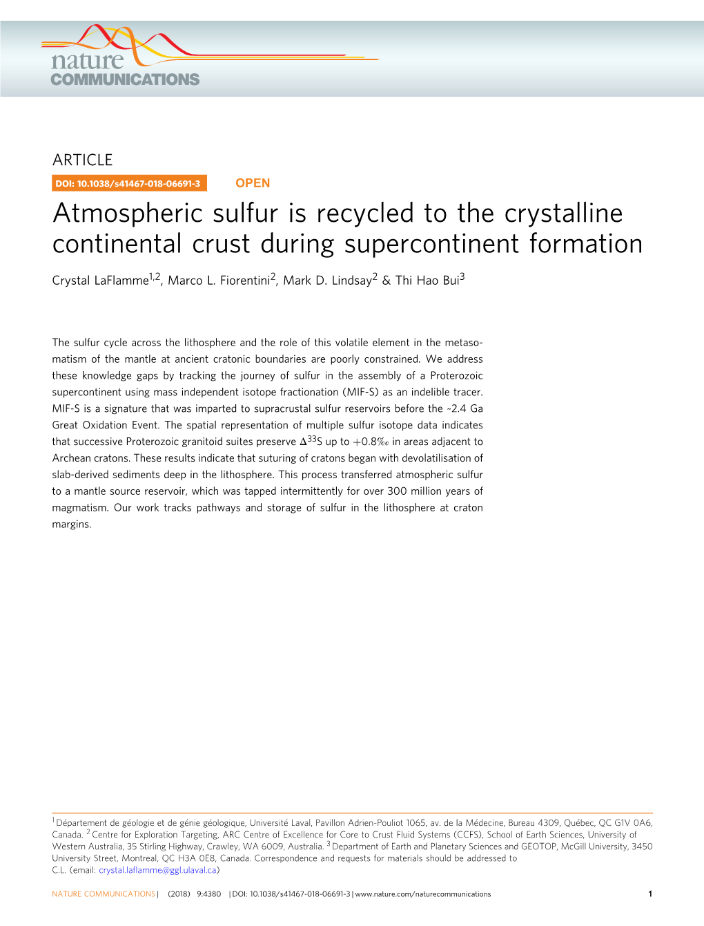 Atmospheric Sulfur Is Recycled to the Crystalline Continental Crust During Supercontinent Formation