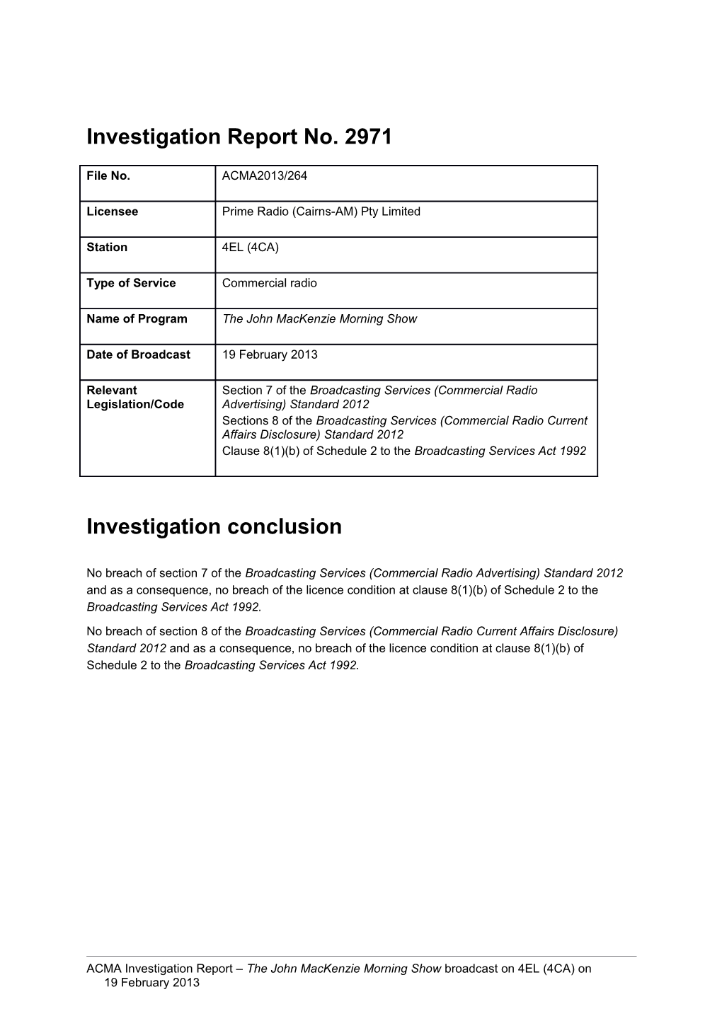 4EL (4CA) - ACMA Investigation Report 2971