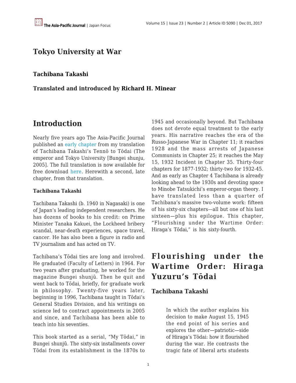 Introduction Flourishing Under the Wartime Order: Hiraga Yuzuru's Tōdai
