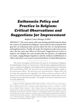 Euthanasia Policy and Practice in Belgium: Critical Observations And