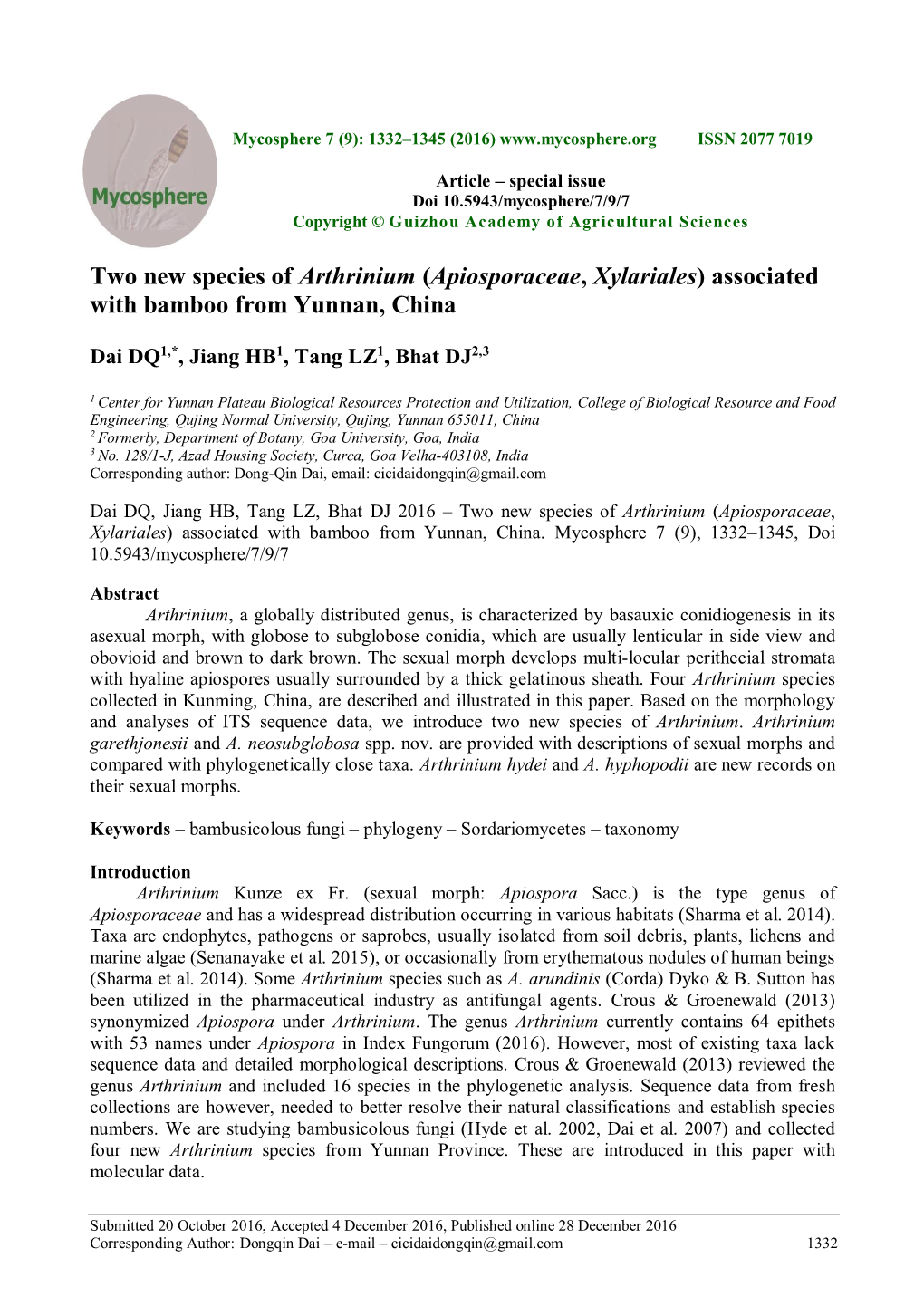 Two New Species of Arthrinium (Apiosporaceae, Xylariales) Associated with Bamboo from Yunnan, China