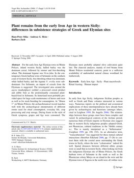 Plant Remains from the Early Iron Age in Western Sicily: Differences in Subsistence Strategies of Greek and Elymian Sites