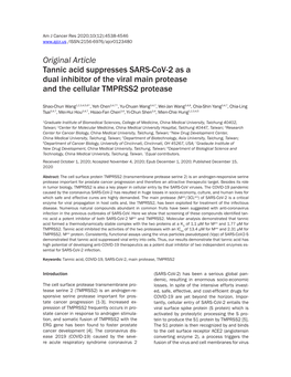 Original Article Tannic Acid Suppresses SARS-Cov-2 As a Dual Inhibitor of the Viral Main Protease and the Cellular TMPRSS2 Protease