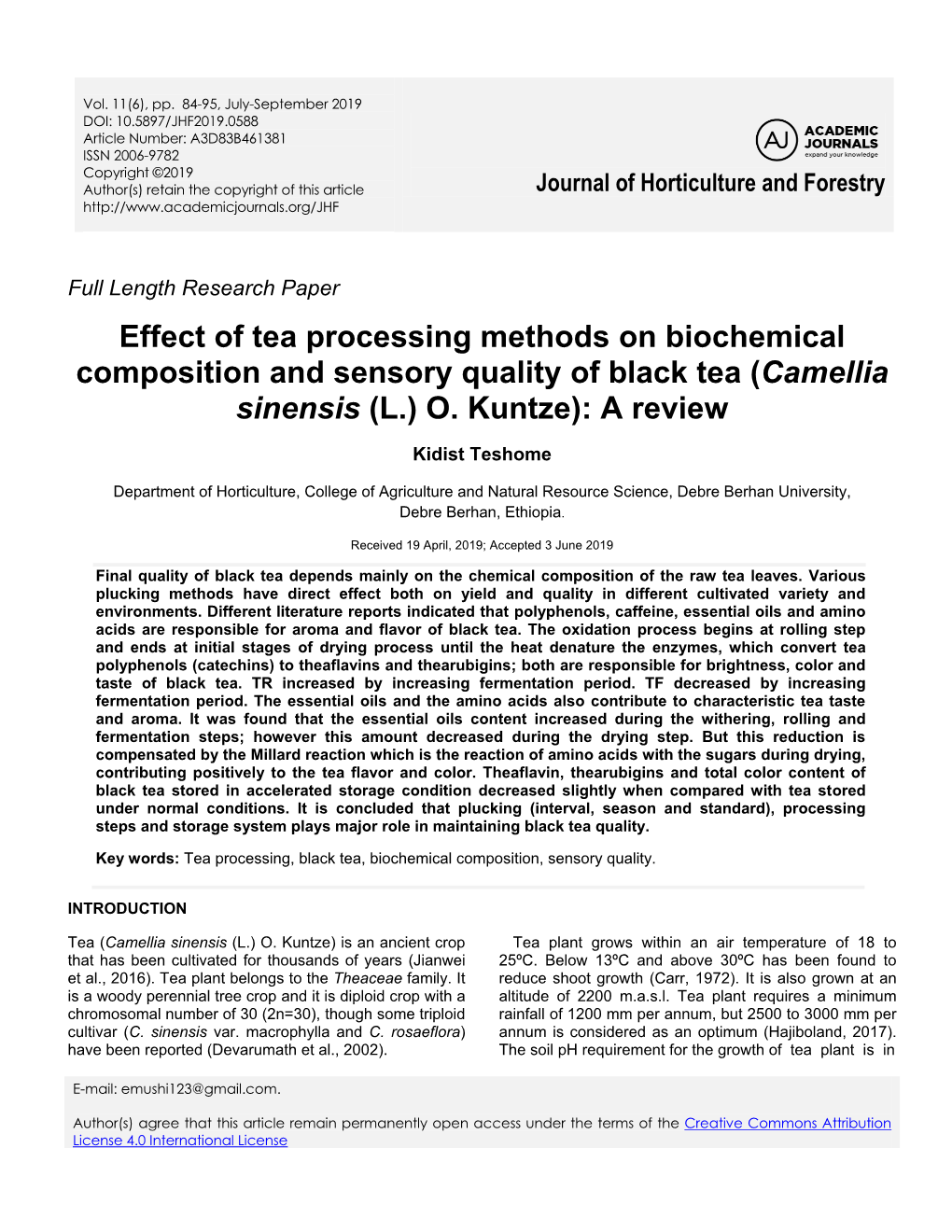 Effect of Tea Processing Methods on Biochemical Composition and Sensory Quality of Black Tea (Camellia Sinensis (L.) O