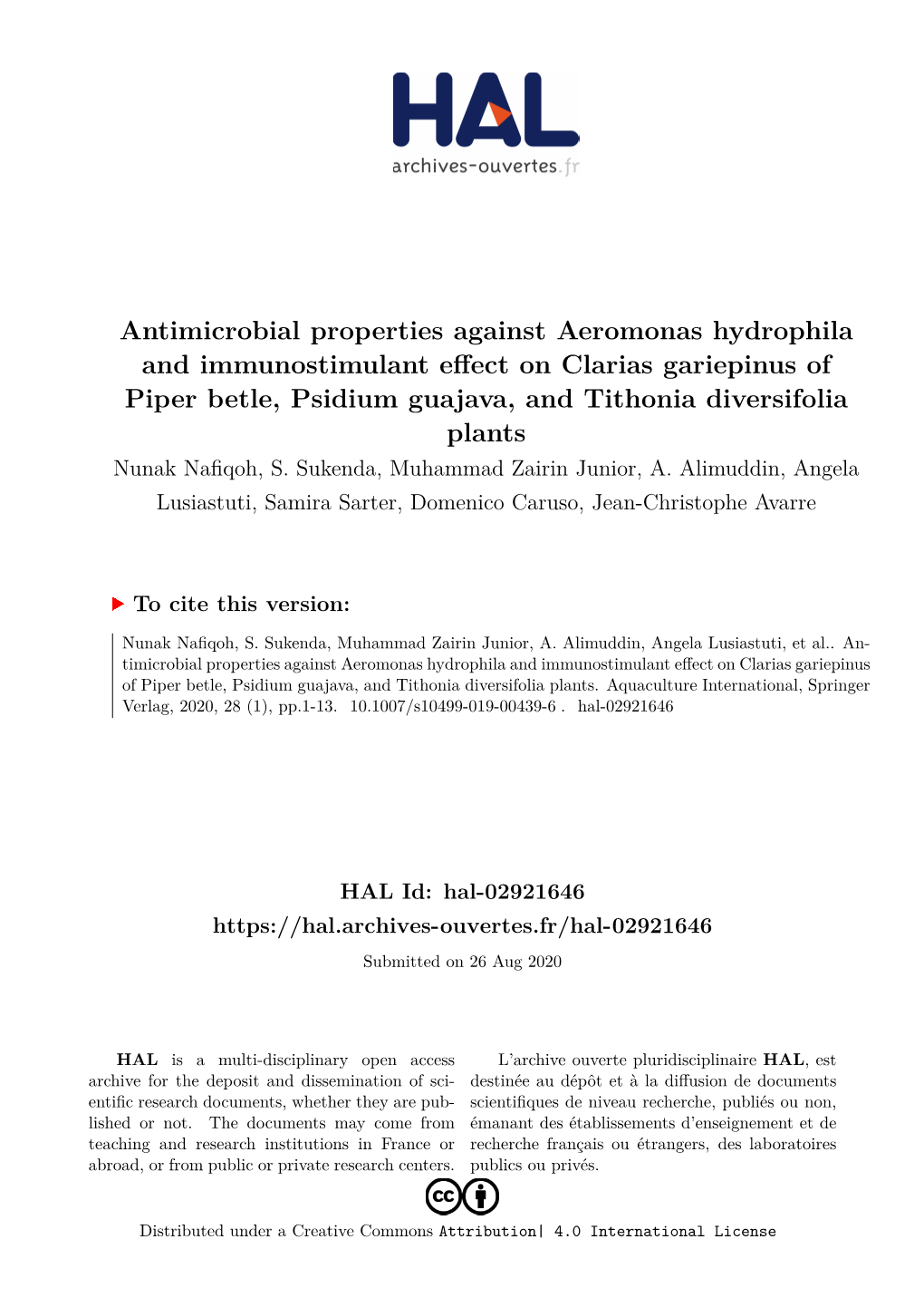 Antimicrobial Properties Against Aeromonas Hydrophila and Immunostimulant Effect on Clarias Gariepinus of Piper Betle, Psidium G