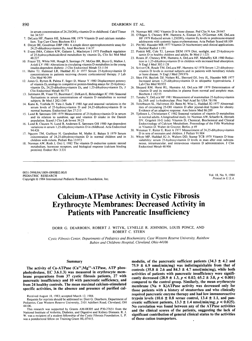 Calcium-Atpase Activity in Cystic Fibrosis Erythrocyte Membranes: Decreased Activity in Patients with Pancreatic Insufficiency