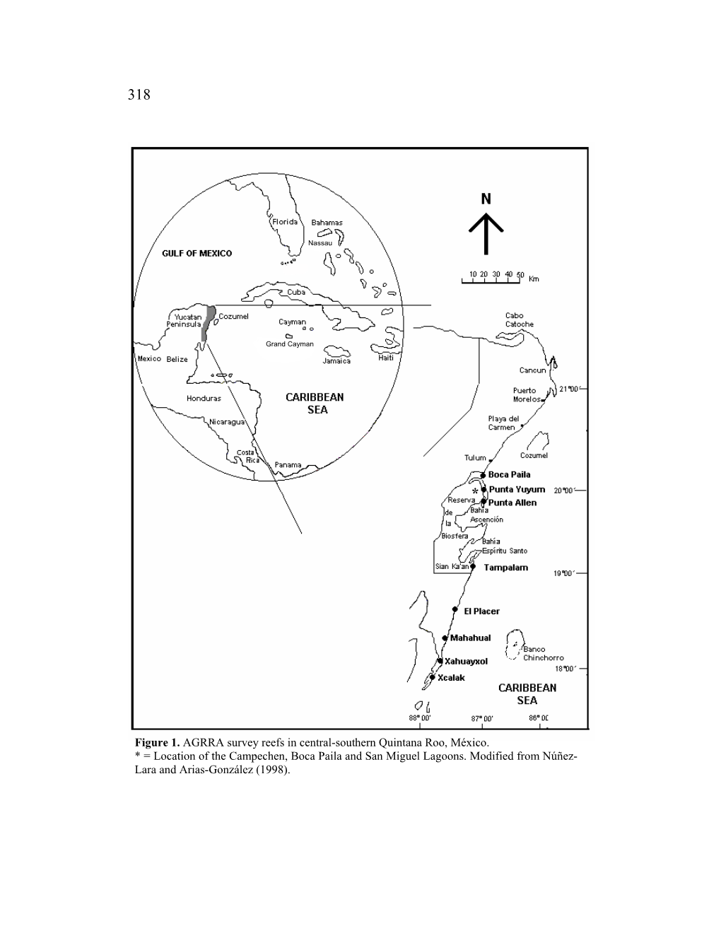 Figure 1. AGRRA Survey Reefs in Central-Southern Quintana Roo, México