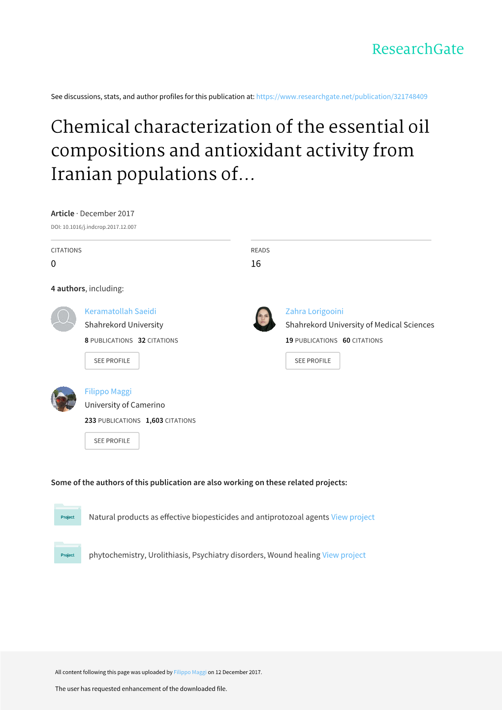 Chemical Characterization of the Essential Oil Compositions and Antioxidant Activity from Iranian Populations of Achillea Wilhel