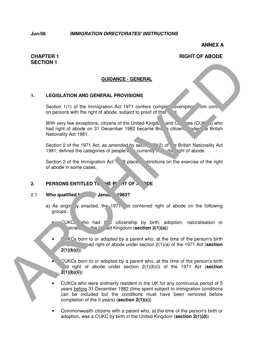 Annex a Chapter 1 Right of Abode Section 1