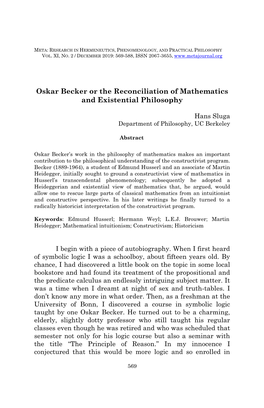 Oskar Becker Or the Reconciliation of Mathematics and Existential Philosophy