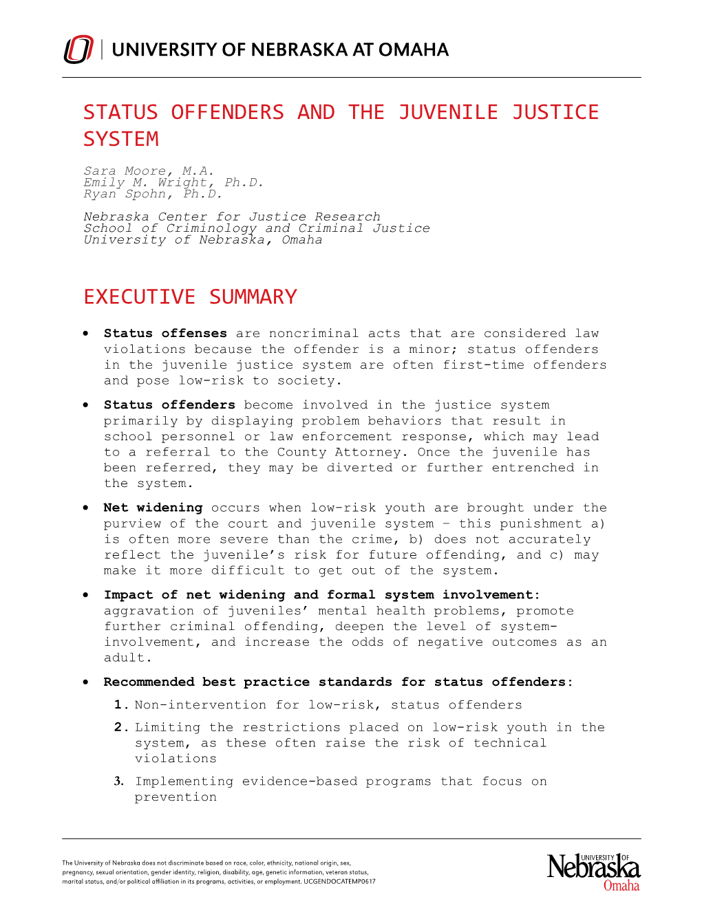 Status Offenders and the Juvenile Justice System Executive Summary