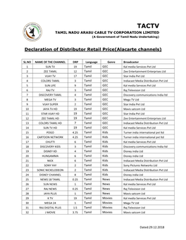 Declaration of Distributor Retail Price(Alacarte Channels)