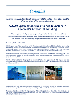 AECOM Spain Establishes Its Headquarters in Colonial's Alfonso