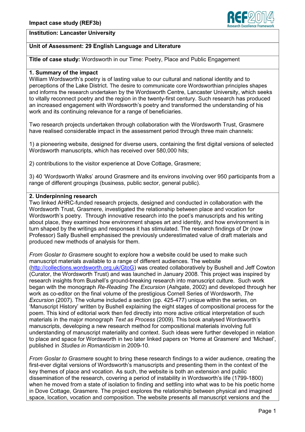 Impact Case Study (Ref3b) Page 1 Institution: Lancaster University Unit of Assessment: 29 English Language and Literature Title