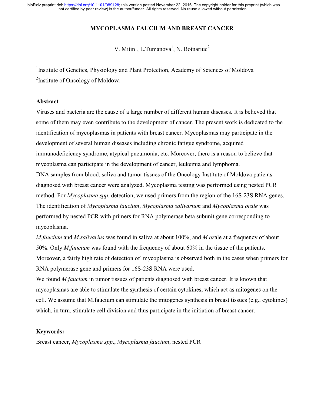 Mycoplasma Faucium and Breast Cancer