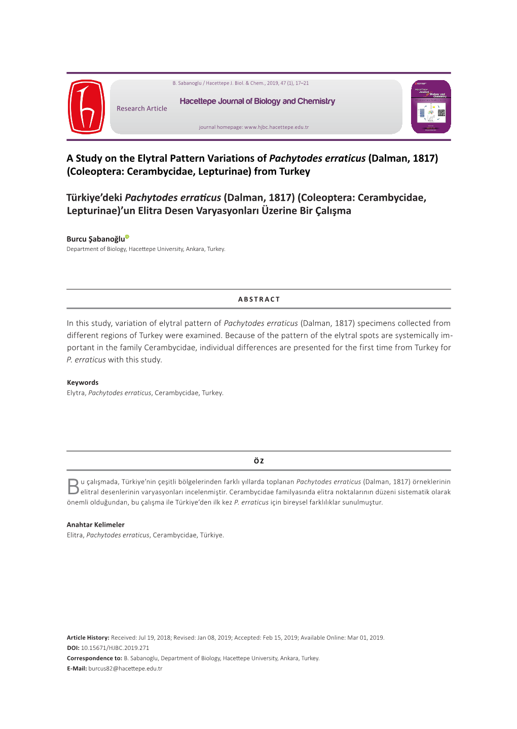 A Study on the Elytral Pattern Variations of Pachytodes Erraticus (Dalman, 1817) (Coleoptera: Cerambycidae, Lepturinae) from Turkey