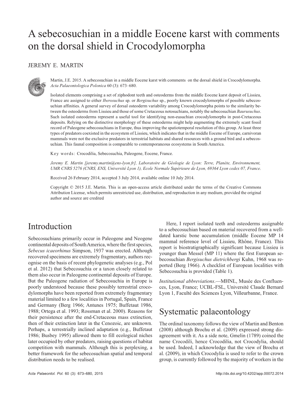 A Sebecosuchian in a Middle Eocene Karst with Comments on the Dorsal Shield in Crocodylomorpha