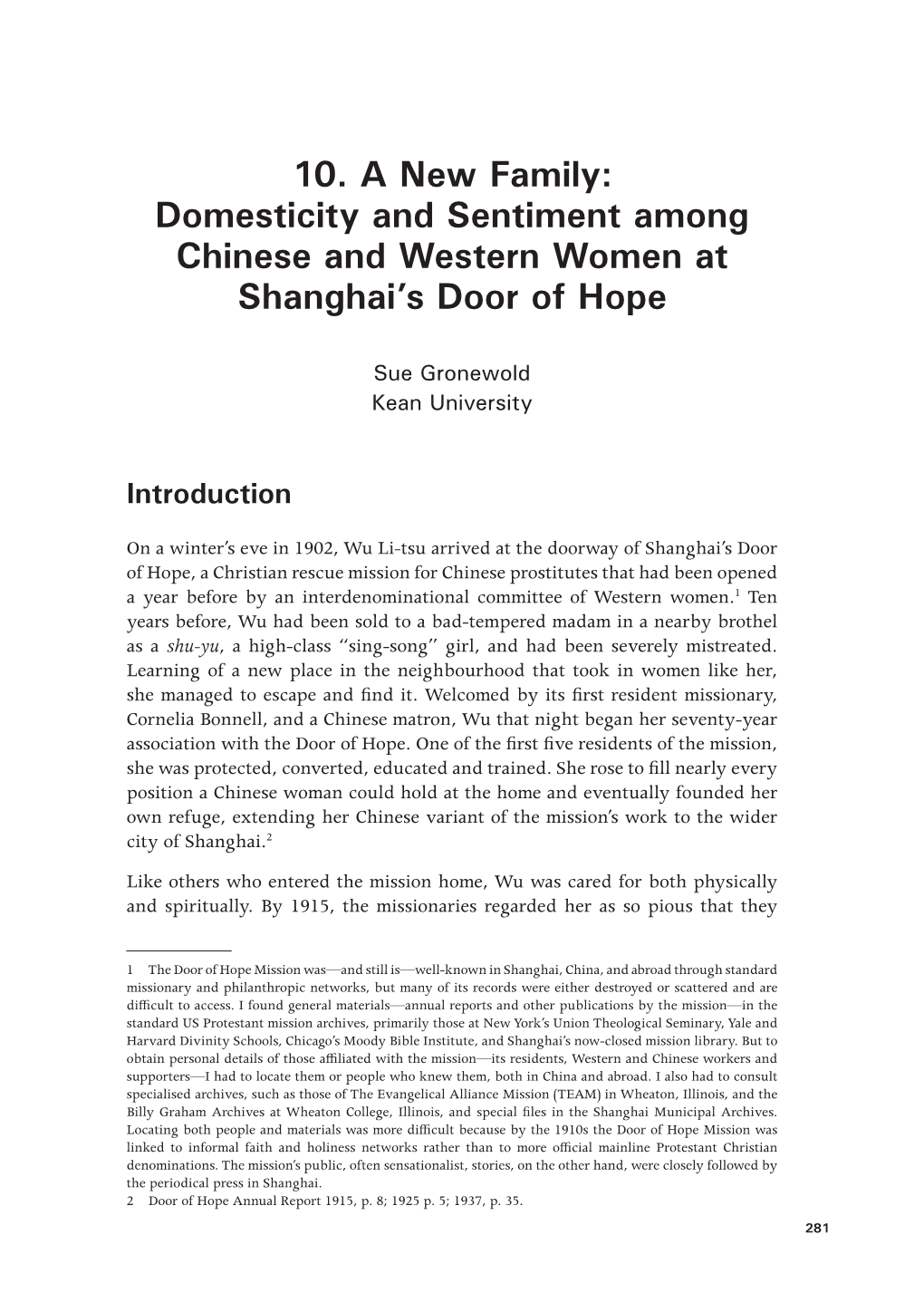 Domesticity and Sentiment Among Chinese and Western Women at Shanghai’S Door of Hope