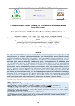 Relationship Between Internet Addictions and Academic Performance Among Afghan Universities Students Abstract