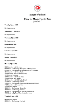 Diary for Mayor Marvin Rees June 2021