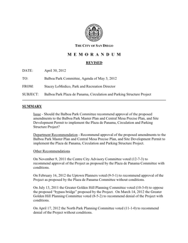 Balboa Park Committee, Agenda of May 3, 2012