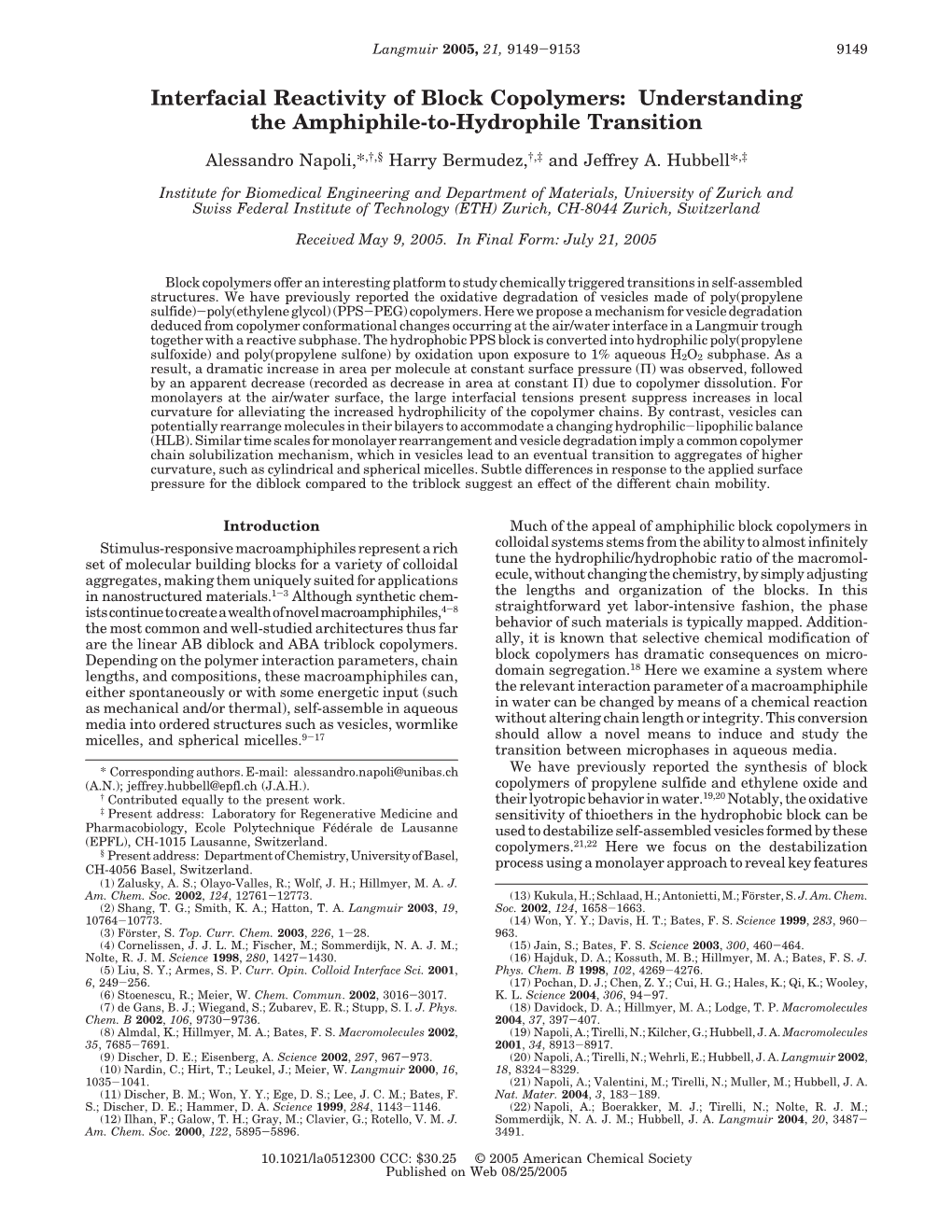 Interfacial Reactivity of Block Copolymers: Understanding the Amphiphile-To-Hydrophile Transition