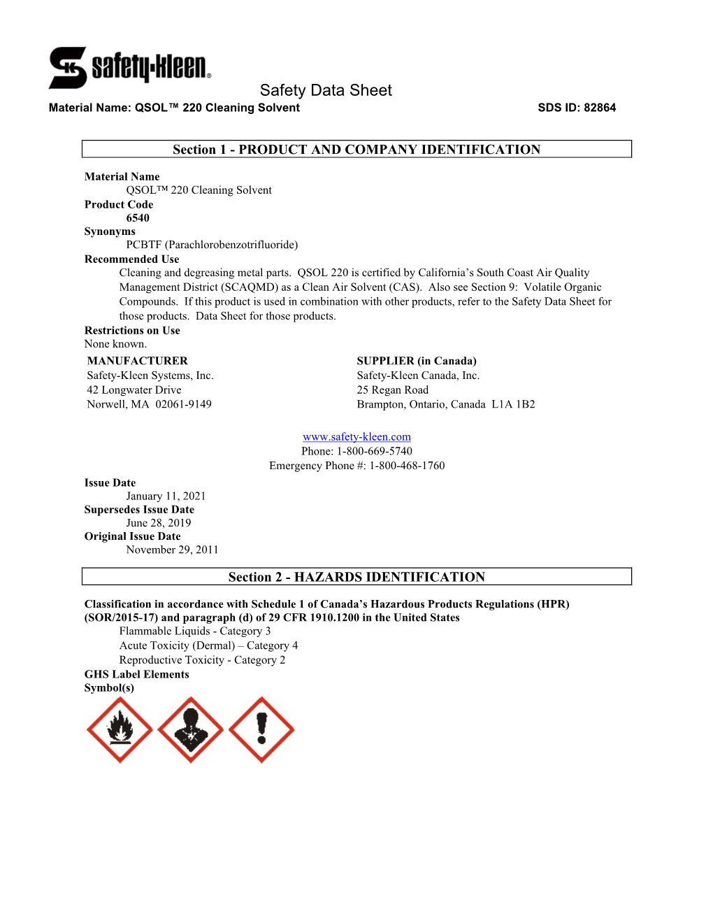 Safety Data Sheet Material Name QSOL™ 220 Cleaning Solvent SDS ID