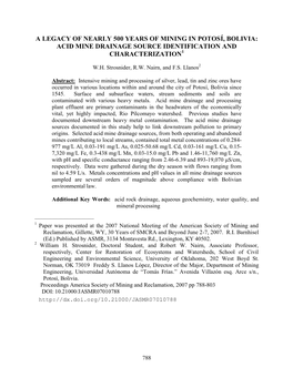 A Legacy of Nearly 500 Years of Mining in Potosí, Bolivia: Acid Mine Drainage Source Identification and Characterization1