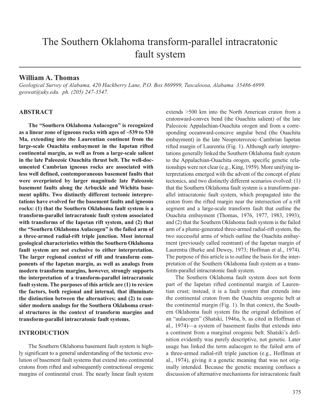 The Southern Oklahoma Transform-Parallel Intracratonic Fault System