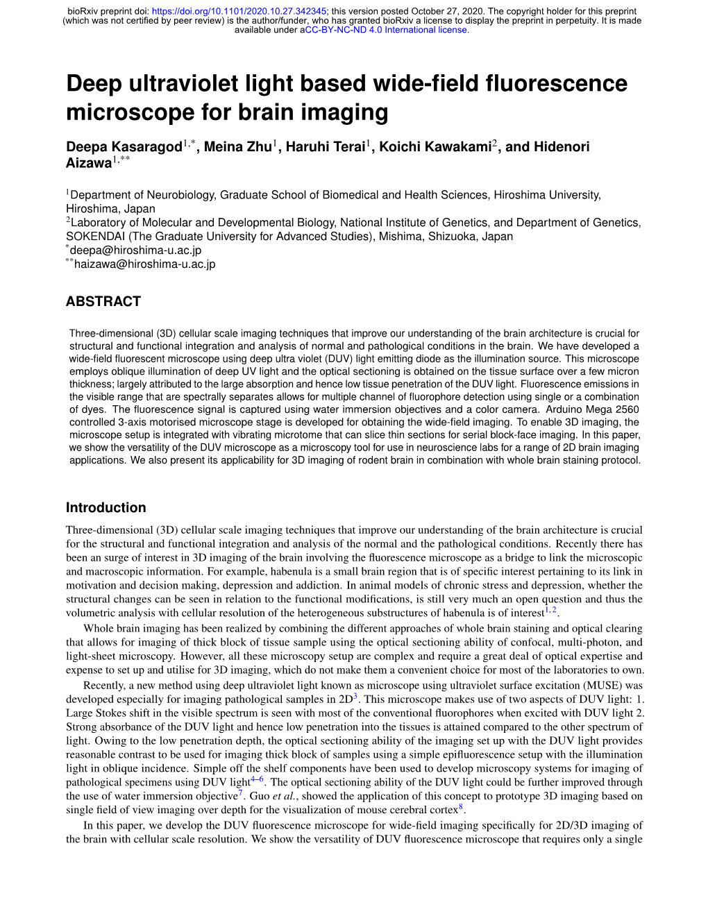 Deep Ultraviolet Light Based Wide-Field Fluorescence Microscope for Brain