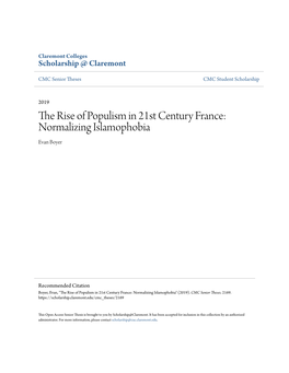 The Rise of Populism in 21St Century France: Normalizing Islamophobia Evan Boyer