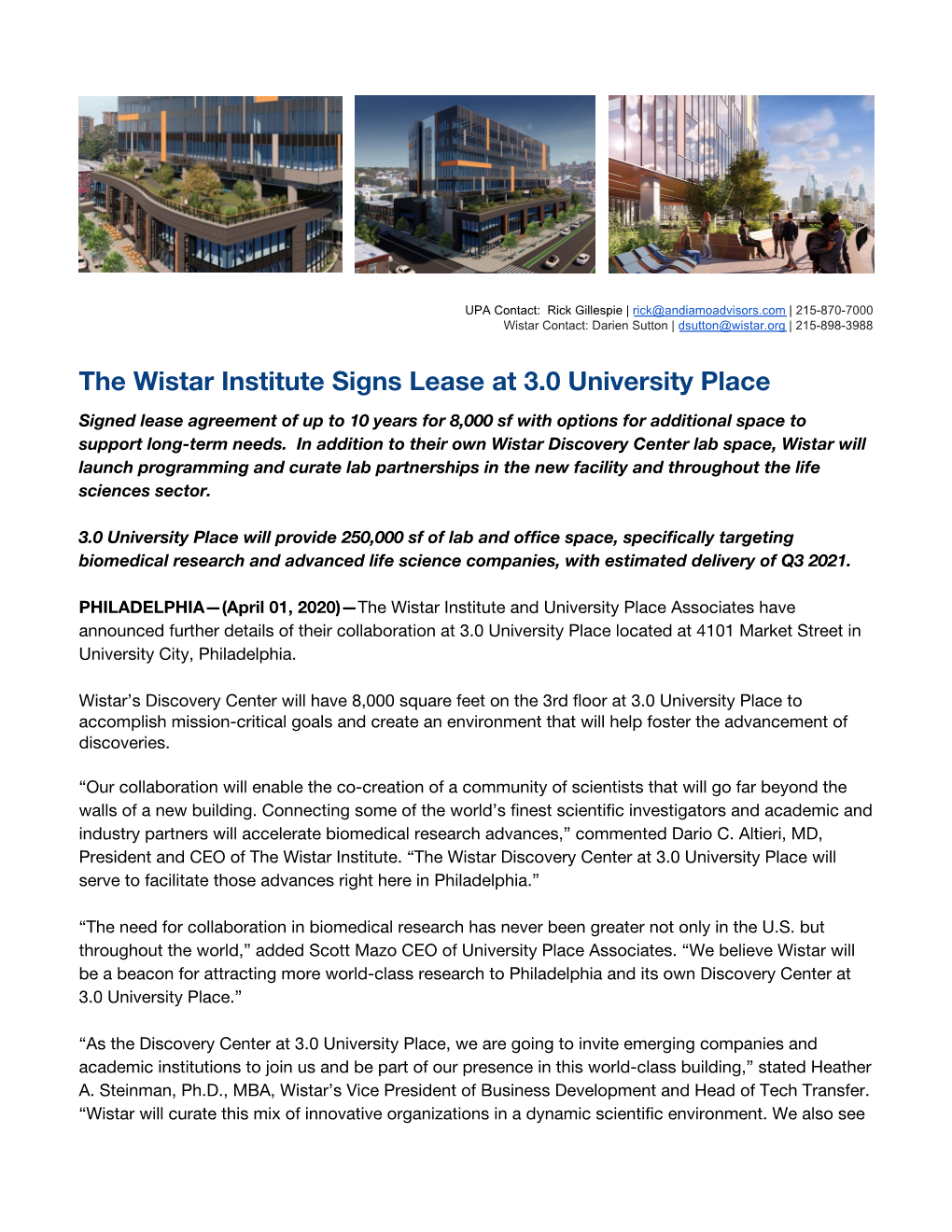 The Wistar Institute Signs Lease at 3.0 University Place
