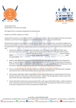 An English Brief on Resolutions Adopted by the Sarbat Khalsa]