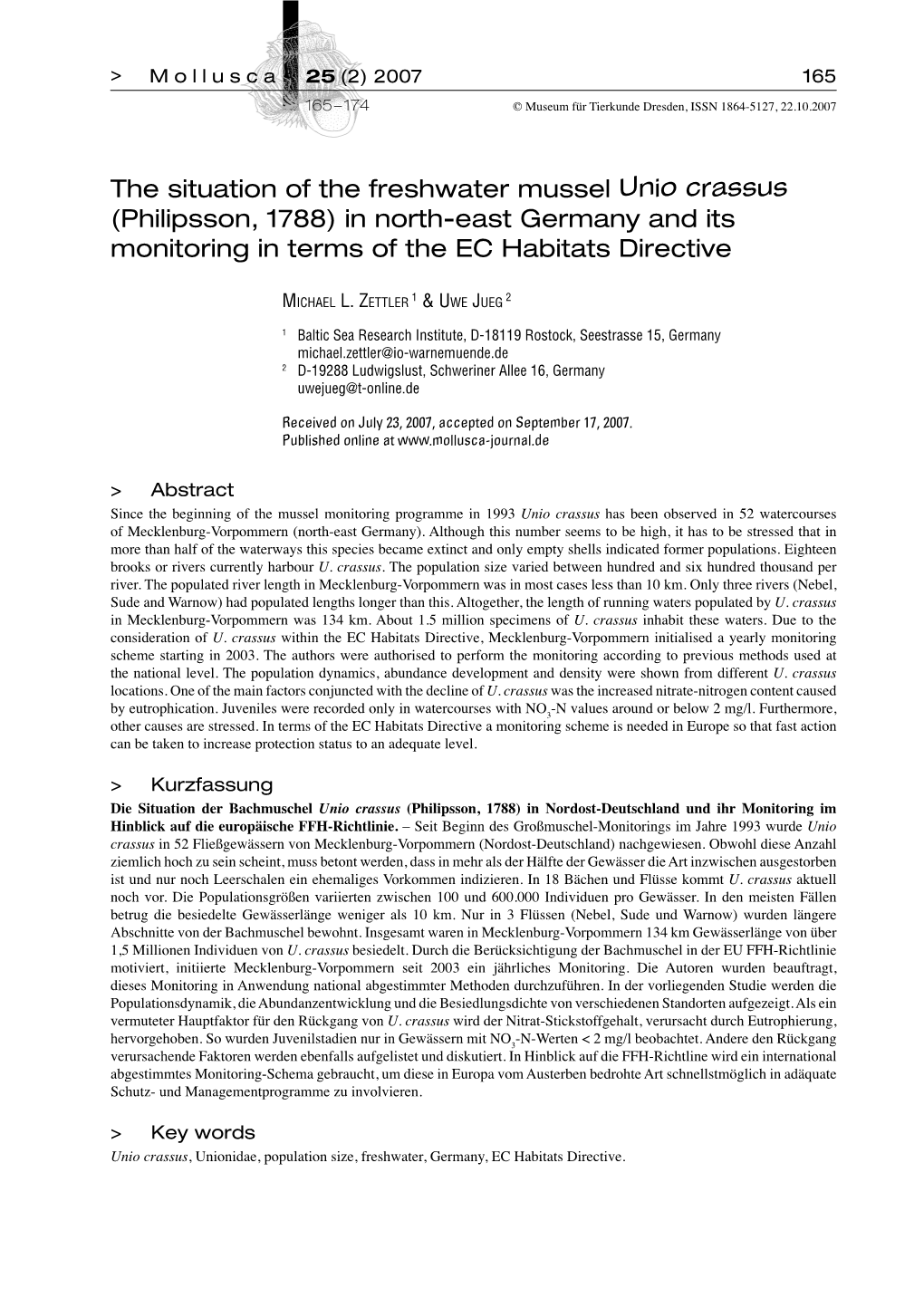 Unio Crassus (Philipsson, 1788) in North-East Germany and Its Monitoring in Terms of the EC Habitats Directive