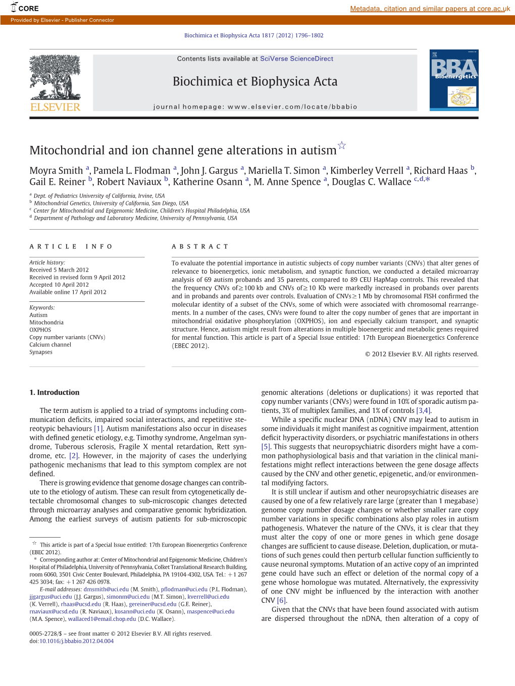 Mitochondrial and Ion Channel Gene Alterations in Autism☆