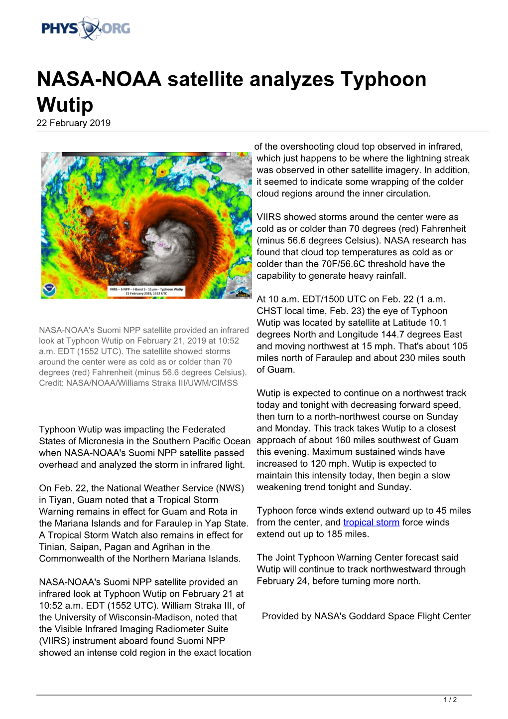 NASA-NOAA Satellite Analyzes Typhoon Wutip 22 February 2019