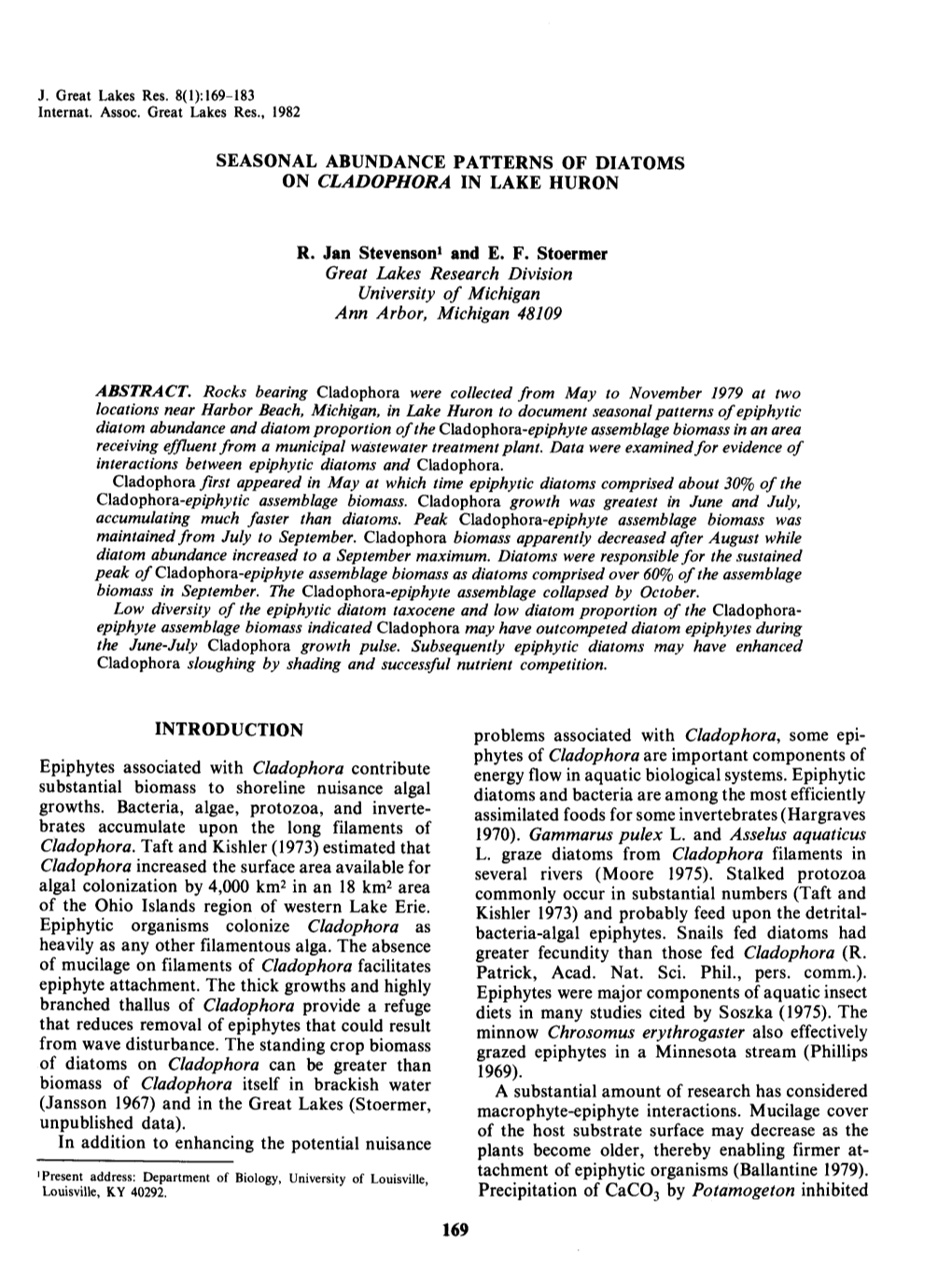 Seasonal Abundance Patterns of Diatoms on Cladophora in Lake Huron