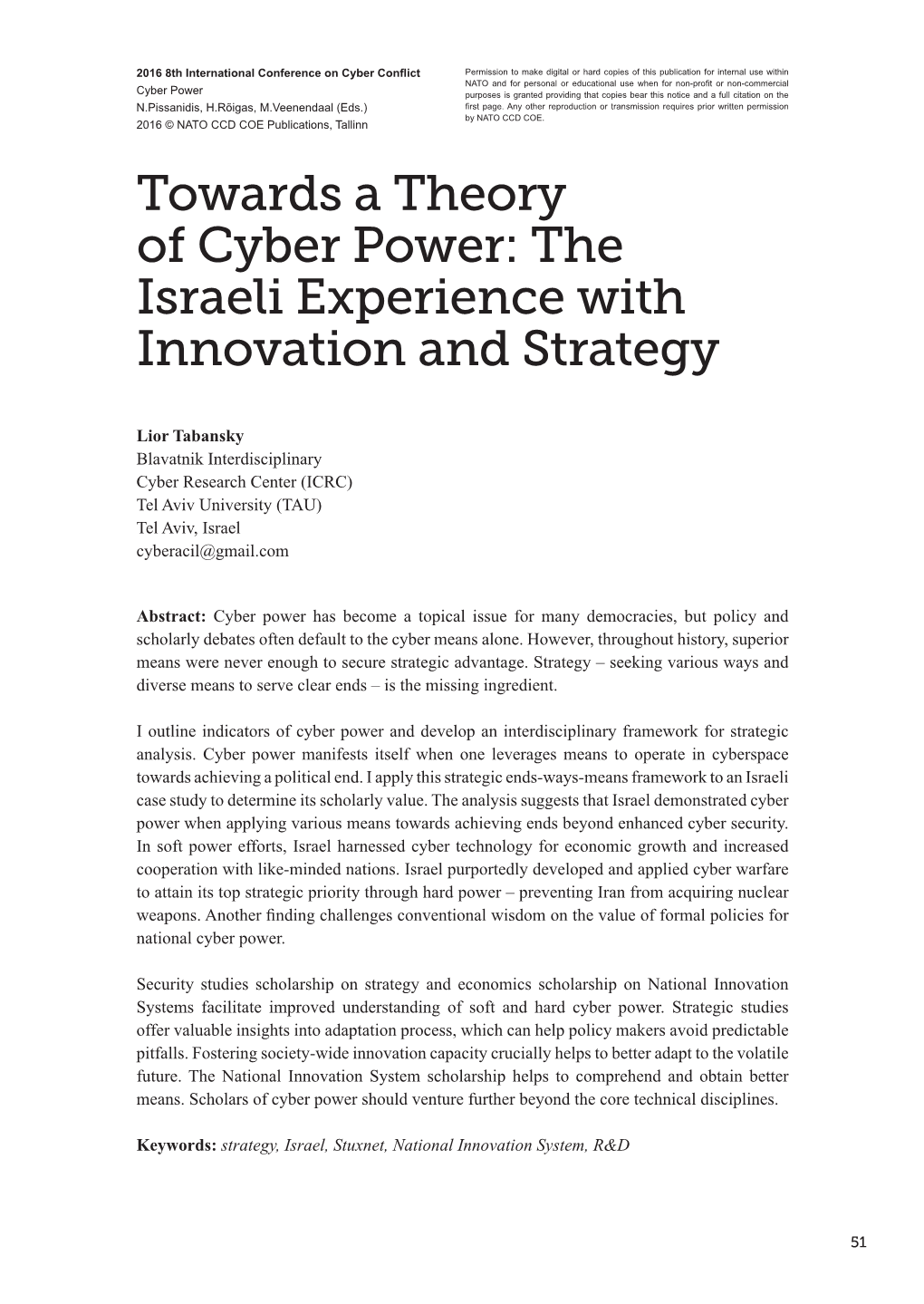 Towards a Theory of Cyber Power: the Israeli Experience with Innovation and Strategy