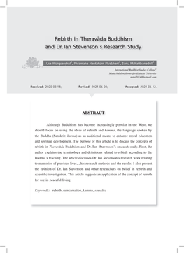 Rebirth in Theravāda Buddhism and Dr. Ian Stevenson's Research Study