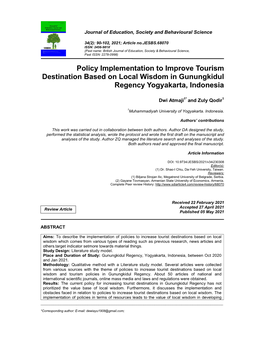 Policy Implementation to Improve Tourism Destination Based on Local Wisdom in Gunungkidul Regency Yogyakarta, Indonesia