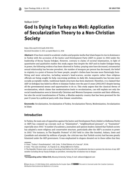 God Is Dying in Turkey As Well: Application of Secularization Theory to a Non-Christian Society