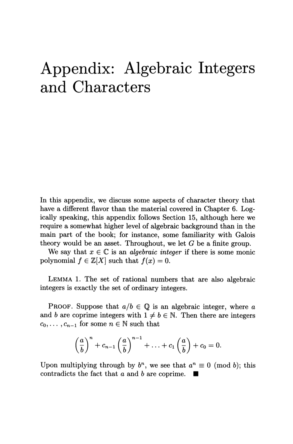 Appendix: Algebraic Integers and Characters