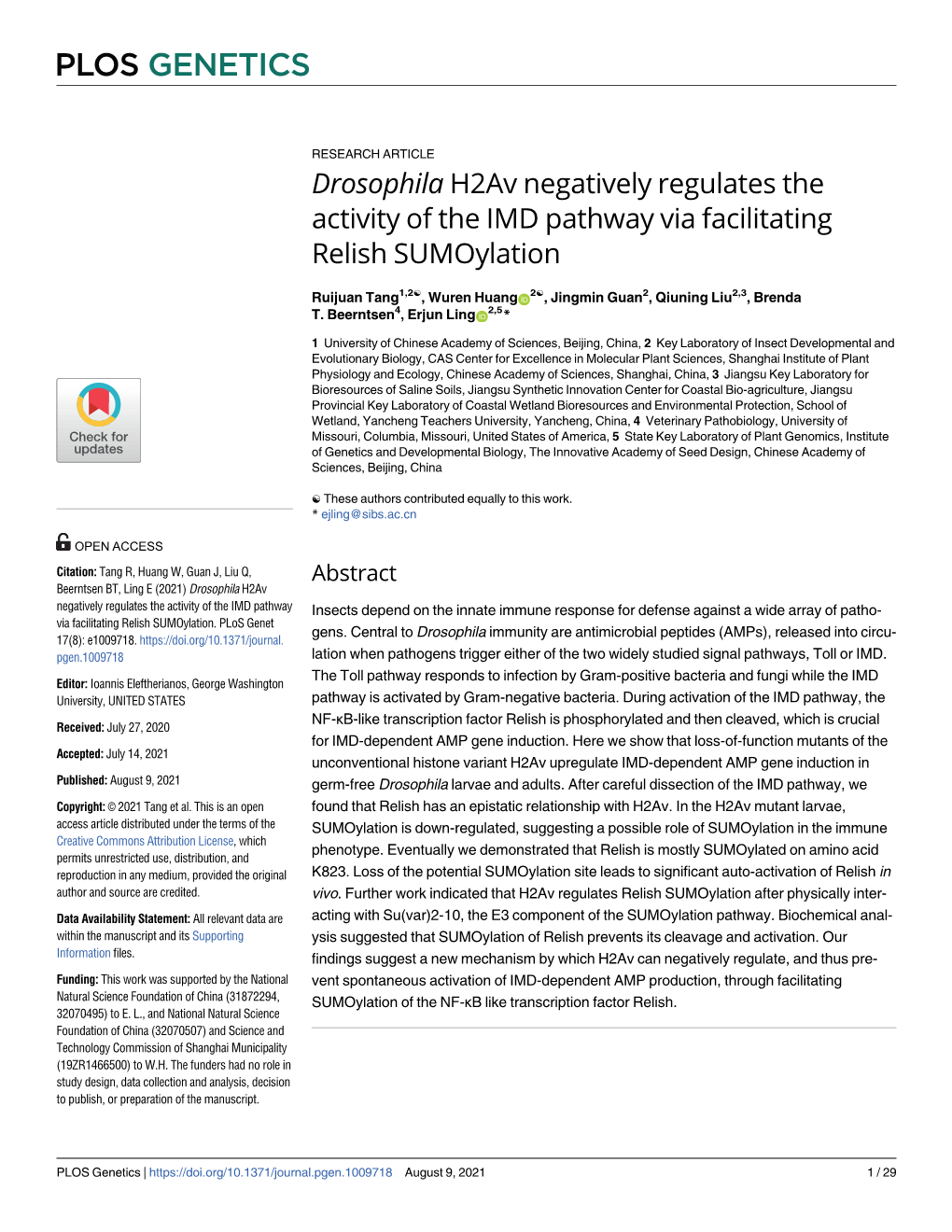 Drosophila H2av Negatively Regulates the Activity of the IMD Pathway Via Facilitating Relish Sumoylation