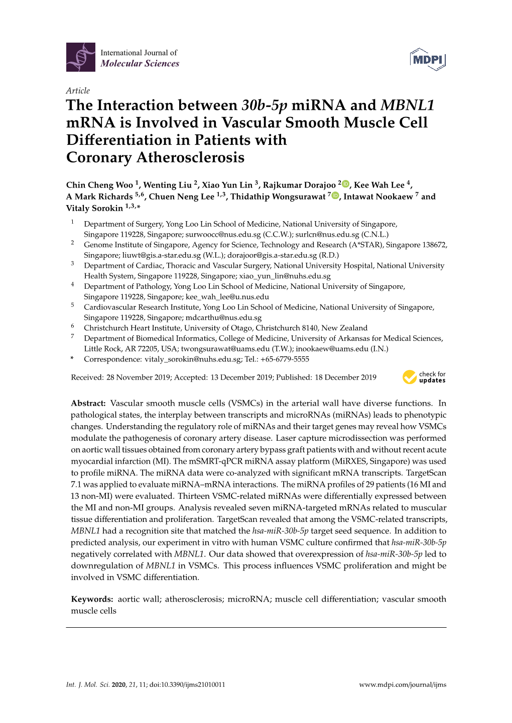 The Interaction Between 30B-5P Mirna and MBNL1 Mrna Is Involved in Vascular Smooth Muscle Cell Diﬀerentiation in Patients with Coronary Atherosclerosis