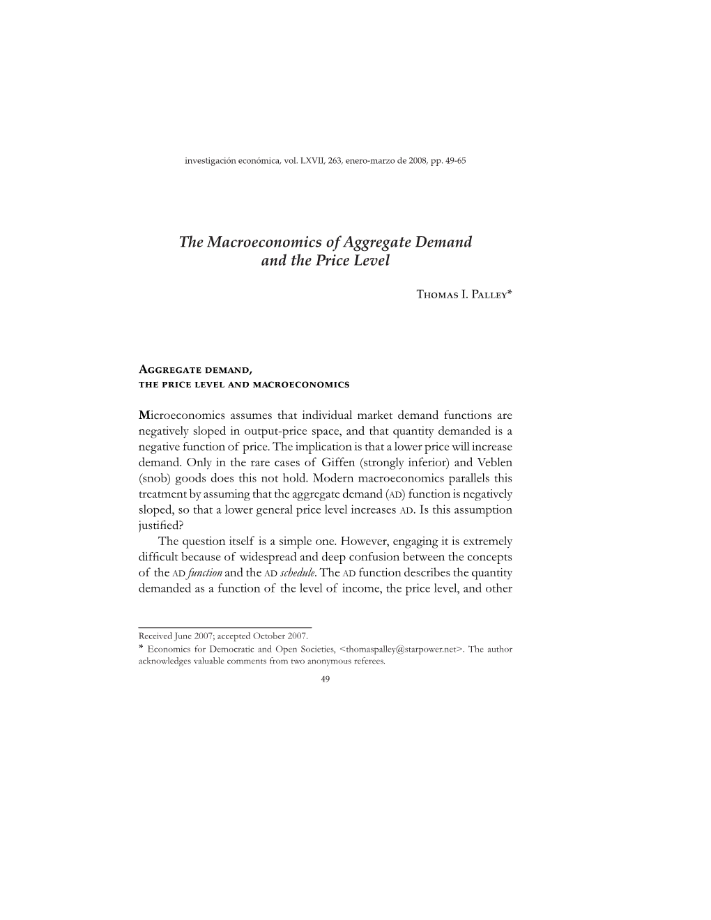 The Macroeconomics of Aggregate Demand and the Price Level