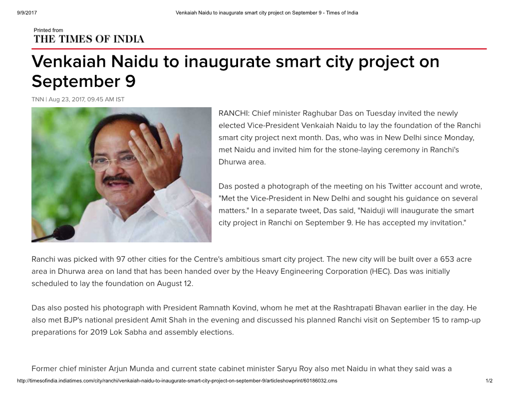 Venkaiah Naidu to Inaugurate Smart City Project on September 9 - Times of India