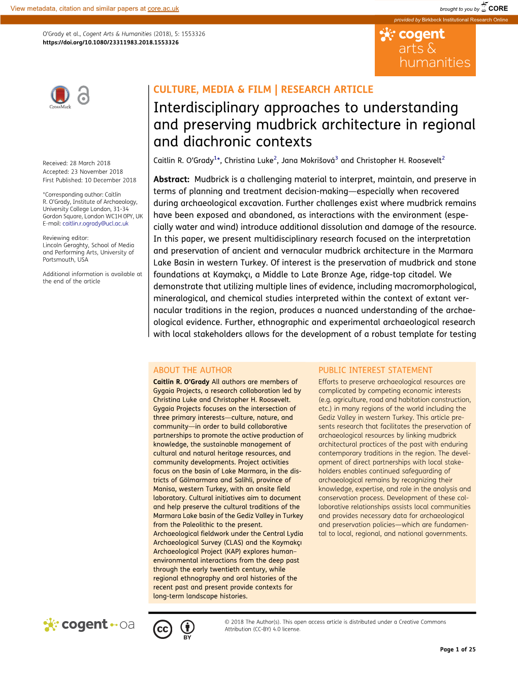 Interdisciplinary Approaches to Understanding and Preserving Mudbrick Architecture in Regional and Diachronic Contexts ’ 1 2 Š 3 2 Received: 28 March 2018 Caitlin R