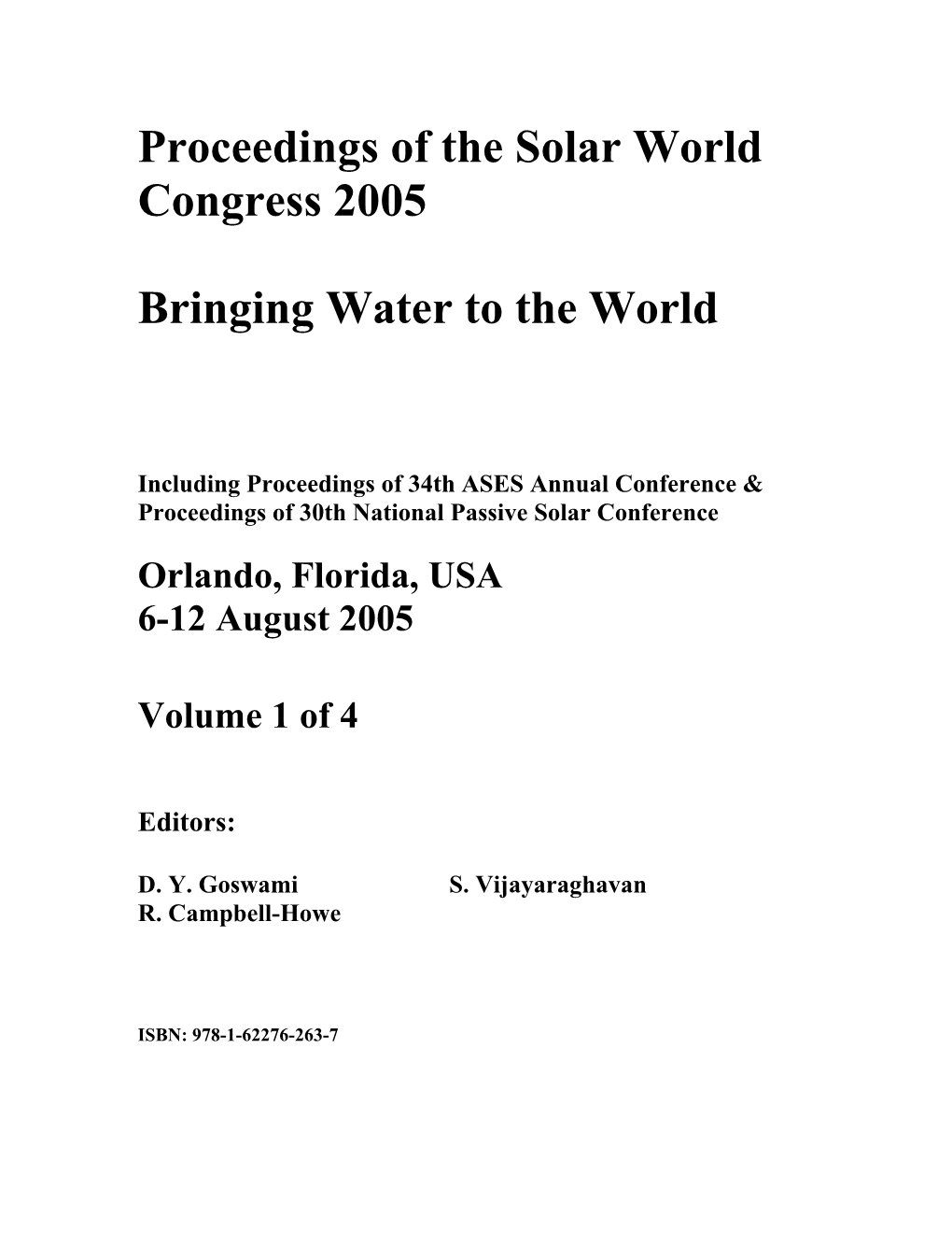 Proceedings of the Solar World Congress 2005 Bringing Water To