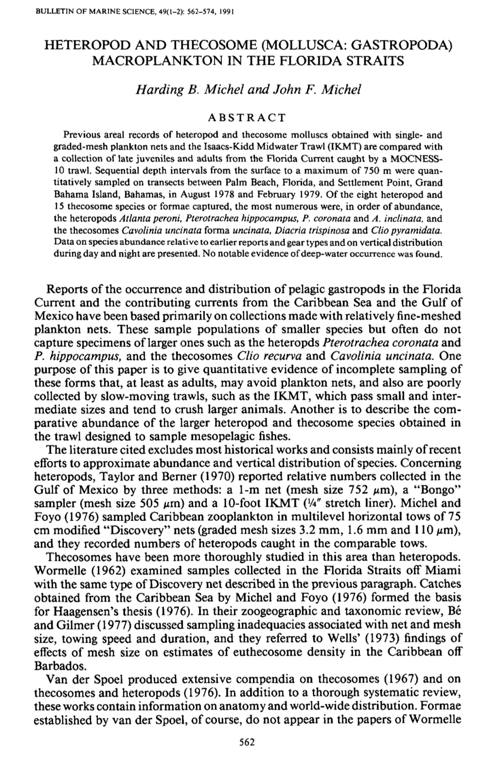 Heteropod and Thecosome (Mollusca: Gastropoda) Macroplankton in the Florida Straits